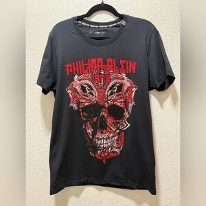 Philipp Plein Couture Platinum Cut Embellished Crystal Red Skull T Shirt Size L